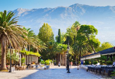 Sabah kafe, mesire ve sahil kasabası Budva, Karadağ