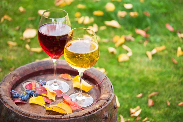 Glasses of red and white wine with grape on old wine barrel outside — Stock Photo, Image