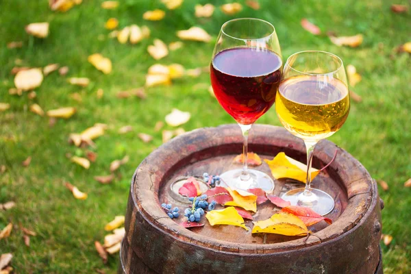 Glasses of red and white wine with grape on old wine barrel outside — Stock Photo, Image