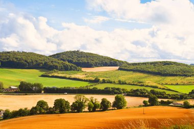 Çayır ve gökyüzü ile kırsal manzara. Saman balya veya saman tarım alanları