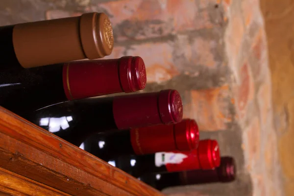 Bottles of wine on wooden shelves in wine cellar — Stock Photo, Image