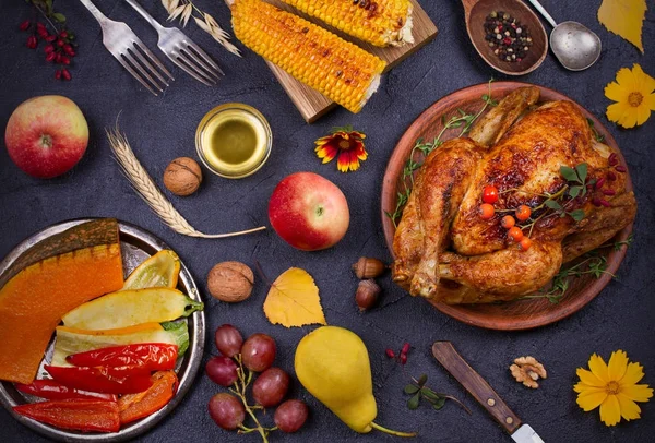 Chicken or turkey,  autumn food eating. Thanksgiving Day and Harvest food  background