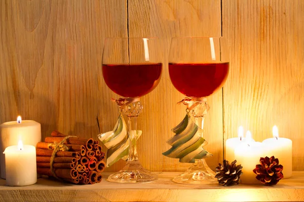 Two Glasses Wine Christmas Accessories Wooden Shelf New Year Chrismas — Stock Photo, Image