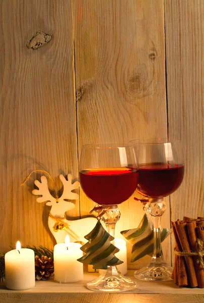 Two Glasses Wine Christmas Accessories Wooden Shelf New Year Chrismas — Stock Photo, Image