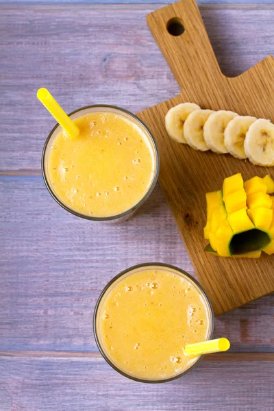 Mango Banana Smoothie Wooden Background View Top Vertical — Stock Photo, Image