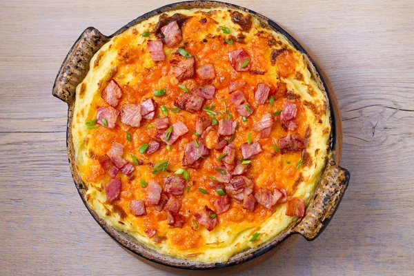 Puré Patatas Cheddar Cazuela Con Tocino Cazuela Patata Horno Cheddar — Foto de Stock