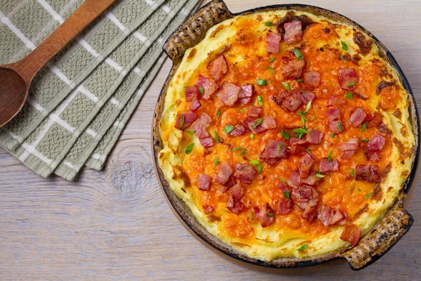 Puré Patatas Cheddar Cazuela Con Tocino Cazuela Patata Horno Cheddar — Foto de Stock