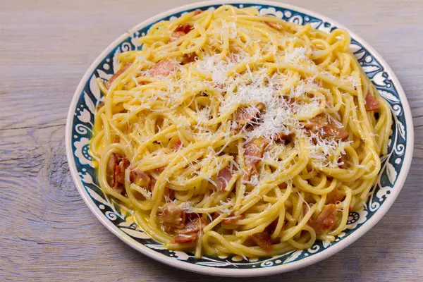 Pasta Carbonara Creamy Spaghetti Carbonara Italian Cuisine Dish Horizontal — Stock Photo, Image