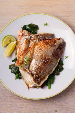 Ispanaklı kavrulmuş çipura. Dorado veya dorada balık fileto beyaz plaka üzerinde