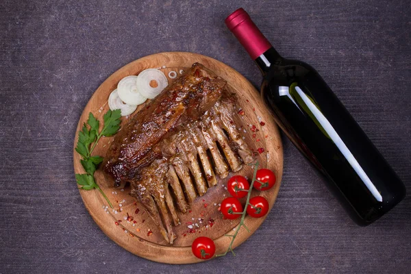 Glass Bottle Red Wine Lamb Chops Wine Meat Wine Food — Stock Photo, Image