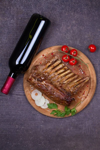 Glass Bottle Red Wine Lamb Chops Wine Meat Wine Food — Stock Photo, Image