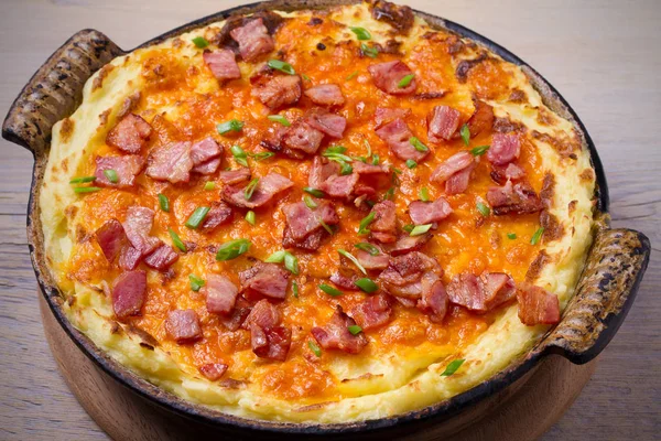 Puré Patata Cheddar Con Tocino Cocido Horno Cazuela Patata Horno — Foto de Stock