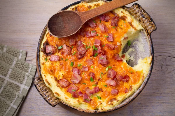 Puré Patata Cheddar Con Tocino Cocido Horno Cazuela Patata Horno — Foto de Stock