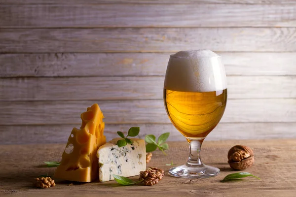 Beer Cheese Glass Beer Cheese Walnuts Basil Wooden Background Ale — Stock Photo, Image