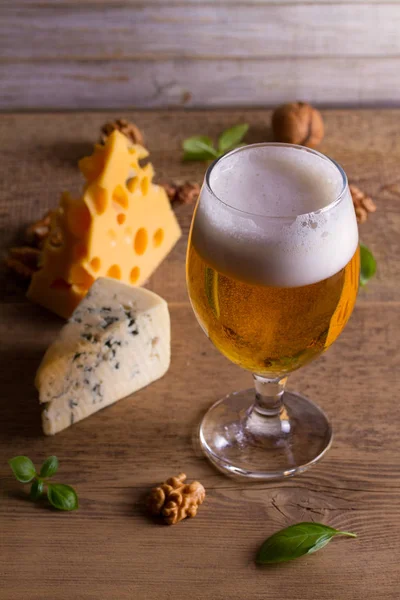 Beer Cheese Glass Beer Cheese Walnuts Basil Wooden Background Ale — Stock Photo, Image