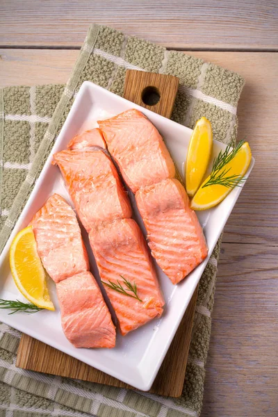 Steamed Salmon Fish Fillet White Plate Clean Eating Healthy Diet — Stock Photo, Image
