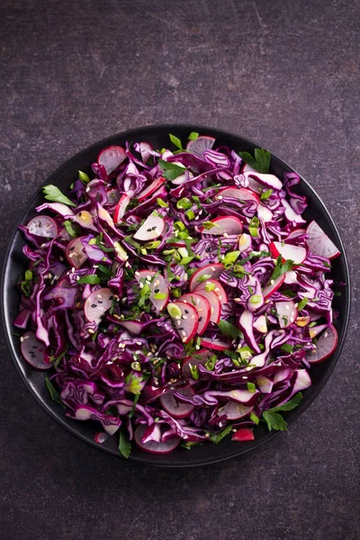 Plate Red Cabbage Radish Chives Parsley Sesame Seeds Salad Vegetarian — Stock Photo, Image