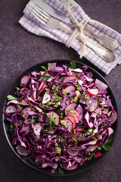 Plate Red Cabbage Radish Chives Parsley Sesame Seeds Salad Vegetarian — Stock Photo, Image