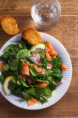 Sağlıklı gıda: somon ıspanak turp salatalık salatası. Yukarıdan görüntülemek, top