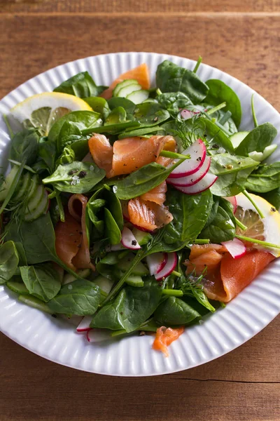 Sağlıklı gıda: somon ıspanak turp salatalık salatası