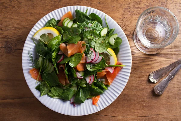 Sağlıklı gıda: somon ıspanak turp salatalık salatası. Yukarıdan görüntülemek, top
