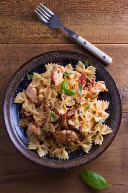 Kurutulmuş domates makarna tavuk ve fesleğen kremsi mozzarella sos ile. Yukarıda görmek, en iyi stüdyo vurdu 