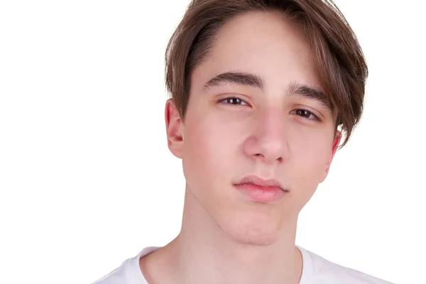 Przystojny Chłopak Teen Patrząc Kamery Nastolatek Biały Shirt Izolowana Białym — Zdjęcie stockowe