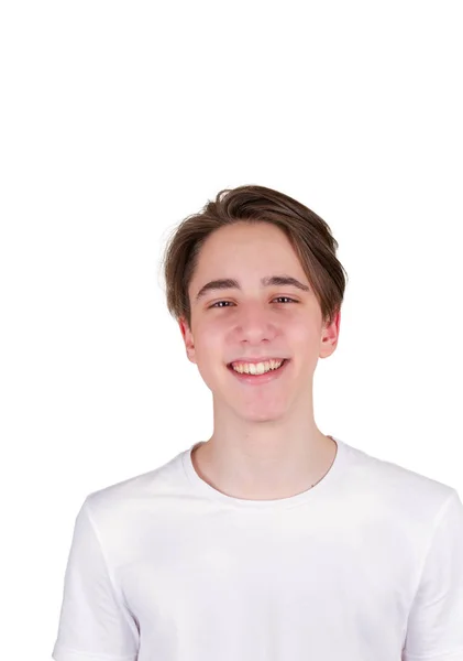 Pěkný Teen Chlapec Při Pohledu Fotoaparát Portrét Mladík Bílém Tričku — Stock fotografie