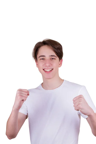 Bonito Rapaz Adolescente Olhar Para Câmara Retrato Adolescente Camiseta Branca — Fotografia de Stock