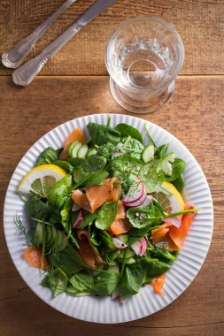 Füme somon ıspanak turp salatalık salatası ahşap masa üzerinde beyaz tabakta limonlu. Tepegöz, dikey
