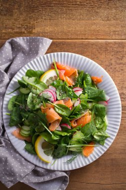 Füme somon ıspanak turp salatalık salatası ahşap masa üzerinde beyaz tabakta limonlu. Tepegöz, dikey