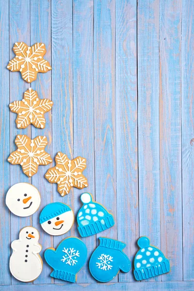 Christmas Gingerbread Cookies Blue Wooden Background Room Text Winter Holidays — Stock Photo, Image