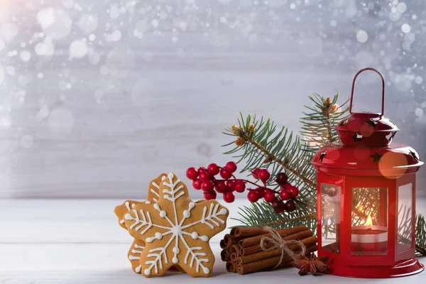 Decoraciones Navideñas Invierno Fondo Navidad Año Nuevo Con Linterna Galletas — Foto de Stock
