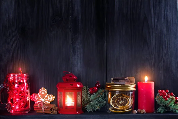 Decoraciones Navideñas Invierno Fondo Navidad Año Nuevo Con Linterna Vela — Foto de Stock