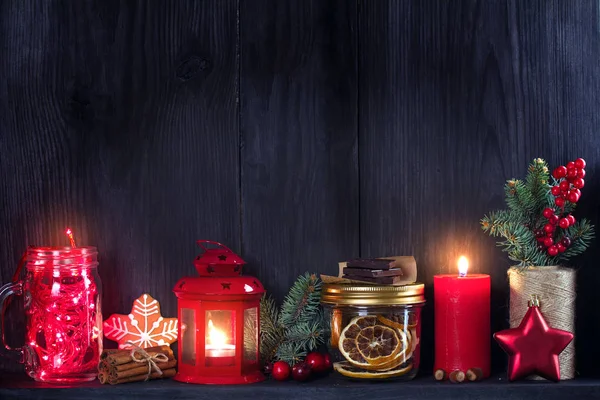 Decoraciones Navideñas Invierno Fondo Navidad Año Nuevo Con Linterna Vela —  Fotos de Stock