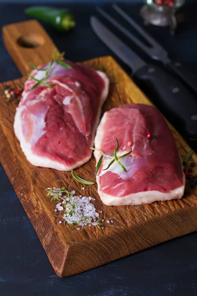 Raw Fresh Meat Duck Breast Fillet Wood Chopping Board — Stock Photo, Image