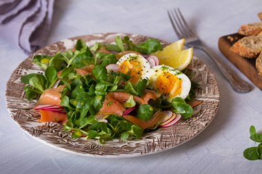 Somon yumurtası turpu ve kuzu salatası. Sağlıklı diyet yemekleri