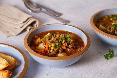 Sebzeli kıyma çorbası. Sağlıklı yiyecekler. yatay resim