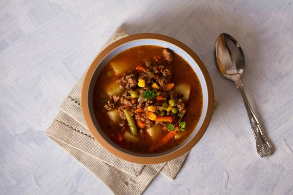 Cuenco Sopa Carne Molida Con Verduras Comida Saludable Flat Lay — Foto de Stock