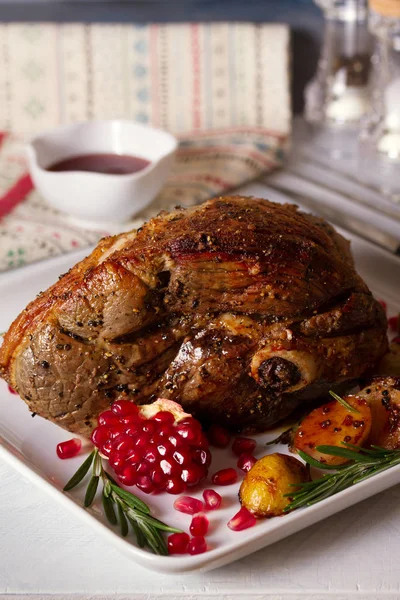 Roast Leg Lamb Potatoes Pomegranate Rosemary — Stock Photo, Image