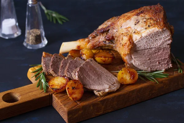 Roast Leg Lamb Potatoes Rosemary Serving Wooden Board — Stock Photo, Image