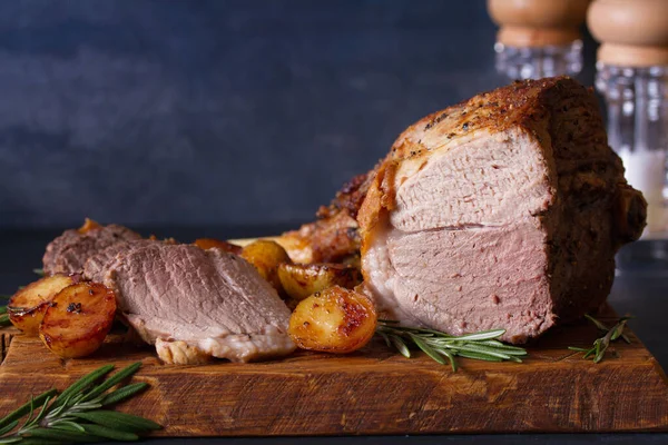 Roast Leg Lamb Potatoes Rosemary Serving Wooden Board — Stock Photo, Image