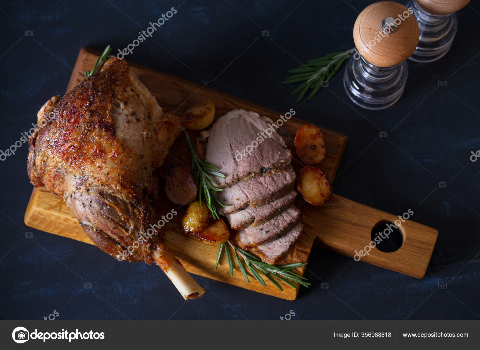 Roast Leg Lamb Potatoes Rosemary Dark Background Overhead Flat Lay