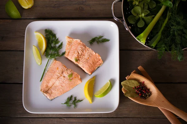 Steam Cooked Salmon Lemon Dill White Plate Healthy Diet Detox — Stock Photo, Image