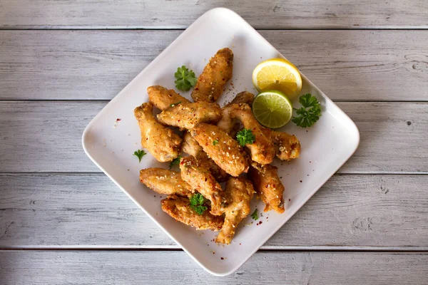 Crispy Chicken Wings Lemon Sauce View Top View — Stock Photo, Image