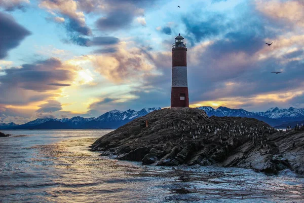 Beagle Channel 'da kırmızı ve beyaz deniz feneri, Ushuaia, Tierra del Fuego, Arjantin.