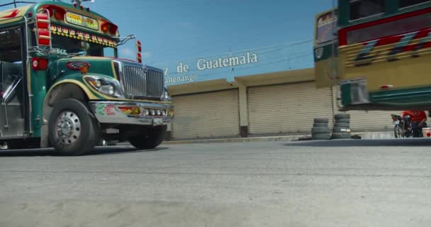 Chickenbusses in Guatemala leaving and driving into viewer — Stok Video