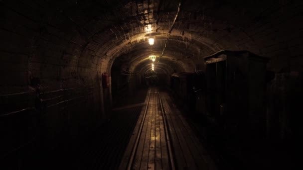 Slecht Verlichte Natte Mijntunnel Met Rails Vloer Een Treintrolley — Stockvideo