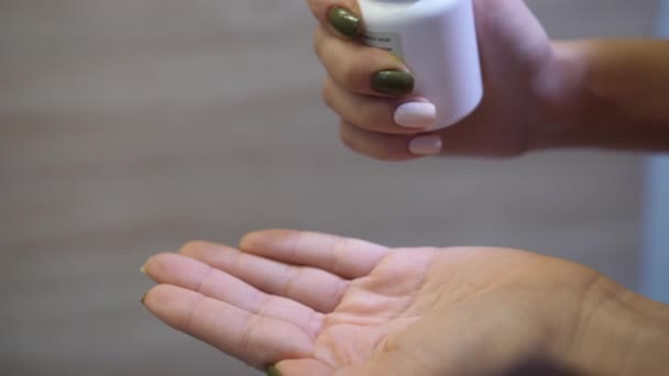 Man Pours Sulfur Tablets Palm White Jar — Stock Video