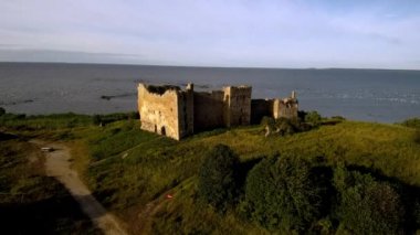 Kuğularla dolu deniz kenarındaki eski harabe taş kale, bulutsuz yaz günü